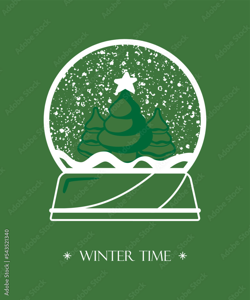 Naklejka premium Crystal ball emblem, snow globe outline shape, fir tree inside, falling snow, holiday decoration, simple vector print. Christmas celebration card.