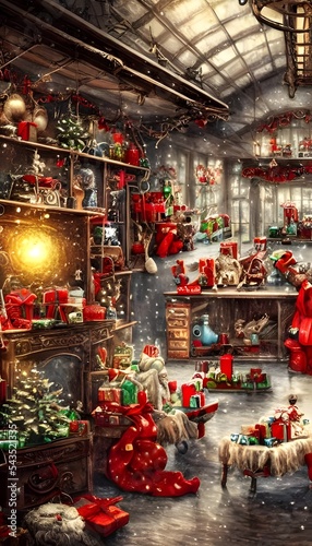 The Christmas toy factory is in full swing. The elves are busy making toys and the sleighs are getting ready to deliver them. Santa is watching over everything, making sure that all the toys are perfe