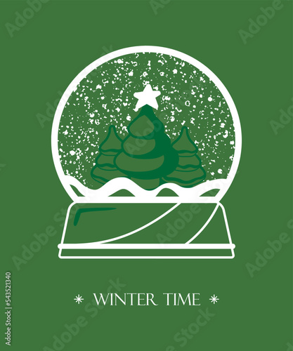 Crystal ball emblem, snow globe outline shape, fir tree inside, falling snow, holiday decoration, simple vector print. Christmas celebration card.