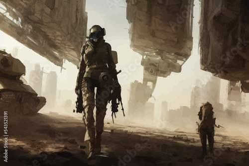 Cyberpunk soldier girl desert war - 3D illustration photo