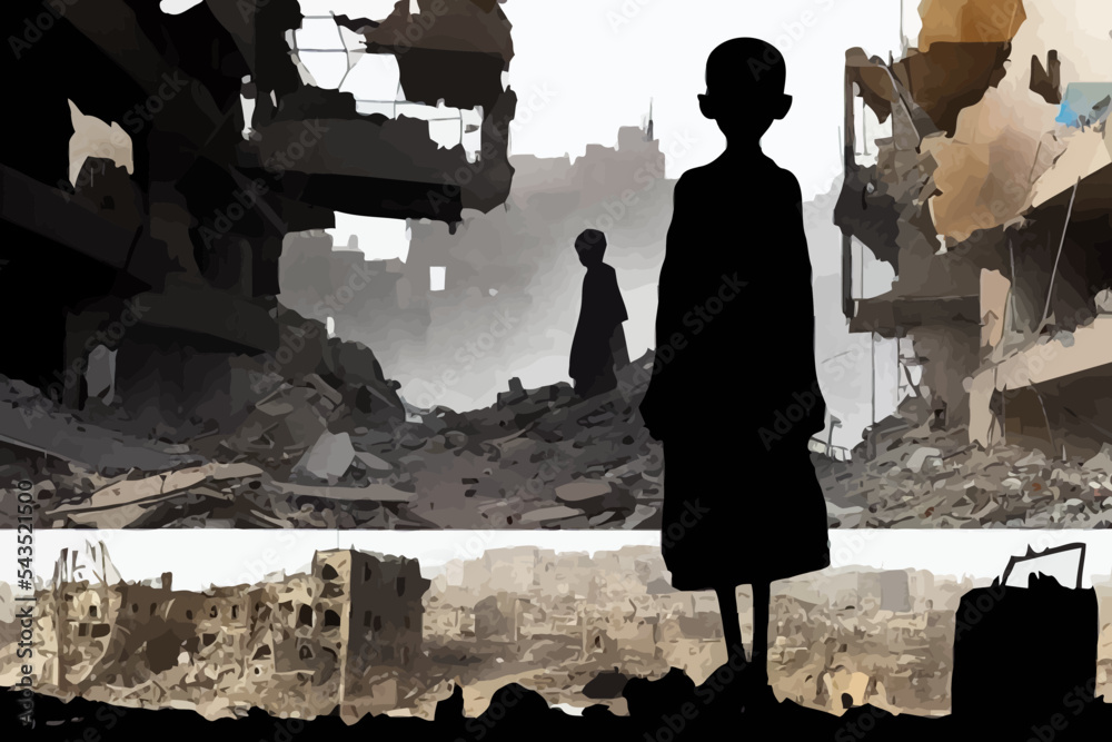 watercolour painting of a malnourished child, famine, destroyed city, war