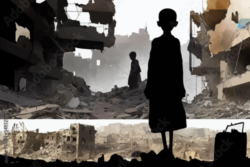 watercolour painting of a malnourished child, famine, destroyed city, war