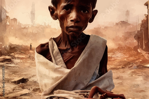 watercolour painting of a malnourished child, famine photo