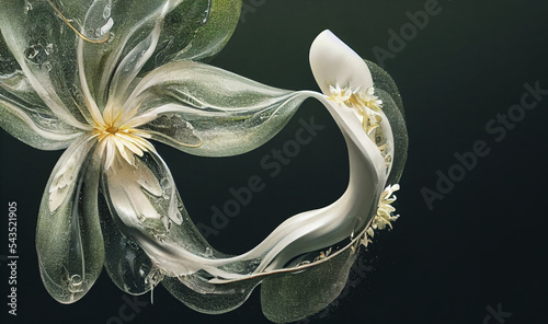 intricate morphing of a blooming peoni flower into liquid dripping thick melting strings of glass and garment photo