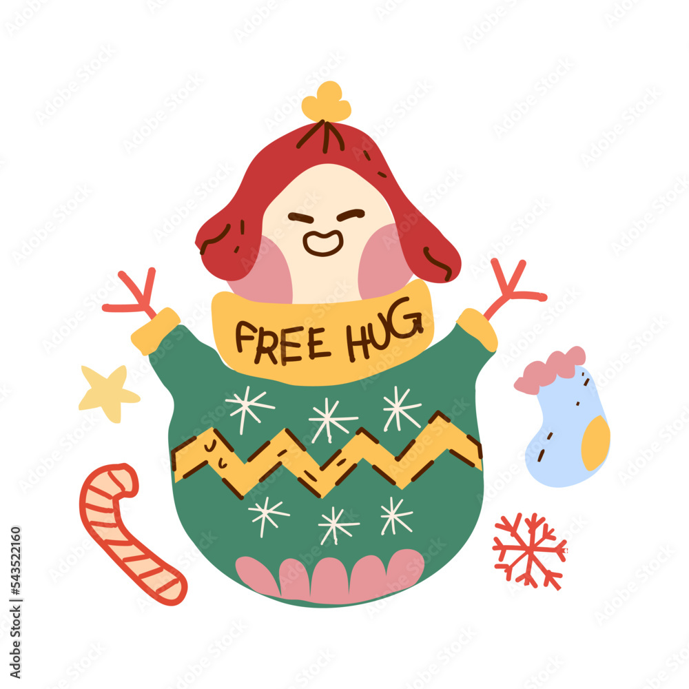 cute christmas snowmen flat illustration for children and product decoration isolated cliparts. A funny snowman wearing a snowy sweater  ,candy, snowflakes, stars and cute socks.