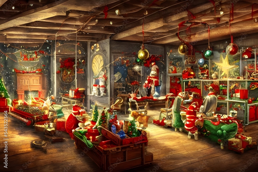 Santa's elves are hustling about, wrapping presents and loading them onto sleighs. The toy factory is a flurry of activity as everyone works to get ready for Christmas Eve.