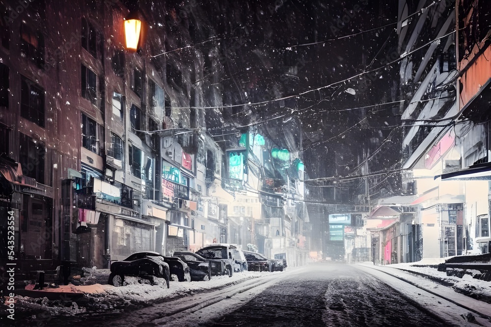 A city street during winter evening is a scene of beauty. The snow-covered streets and buildings reflect the light from the setting sun, creating a warm and inviting atmosphere.