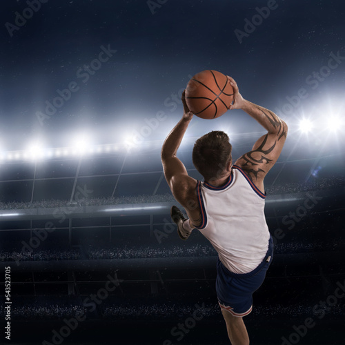 A young man basketball player in uniform at the stadium professional 3D render jumps and runs with the ball