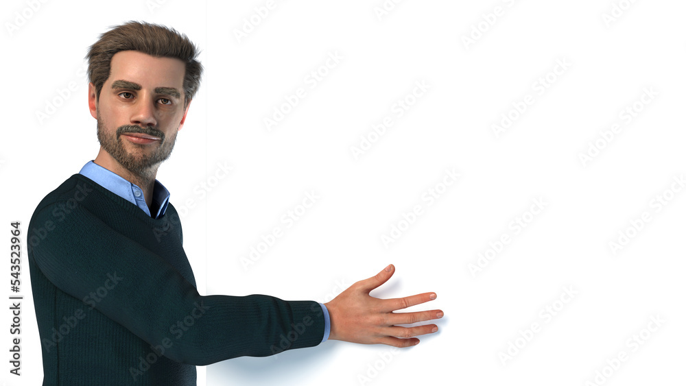 man with beard holding billboard blank copy space white canvas board on transparent background 3D illustration man with beard holding billboard blank copy space white canvas board on transparent background 3D illustration