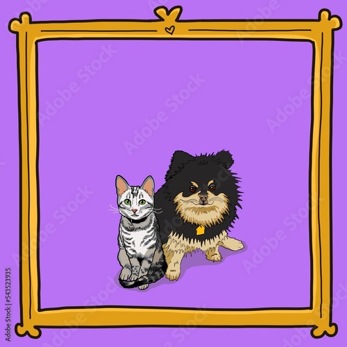 Cartoon inspired pet portrait illustration hand drawn Pomeranian dog silver gray cat friends sitting together within gold frame on purple background