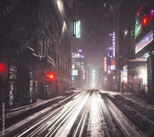 The snow is falling gently and the air is crisp. The city bustles with people scurrying to get home before darkness falls. Streetlights illuminate the way, their beams bouncing off the fresh blanket o