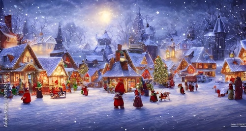 The snow is falling gently on the winter christmas village, coating the roofs of the houses and trees in a blanket of white. The air is crisp and clear, and the mood is one of peaceful happiness.