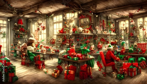 The Christmas toy factory is full of hustle and bustle as the elves race to finish making all the toys for Santa's sleigh. The air is full of excitement and anticipation, with a hint of magic in the a