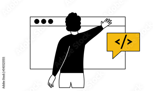 Web development and business technology coding website vector illustration concept. Programming application and app developer man. Online code and programmer project optimization script