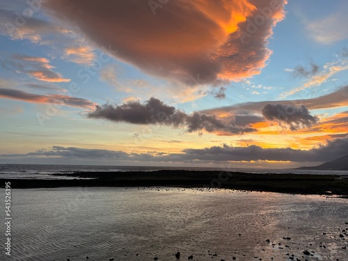 Sunset over the mount Pico, pico island, Portugal.