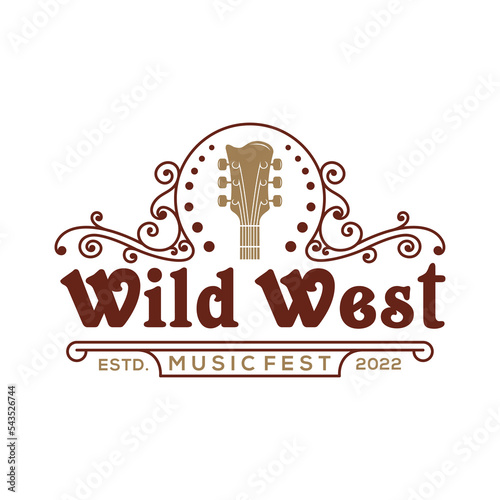 Country Guitar Music for premium Western Saloon Bar Cowboy logo design vector