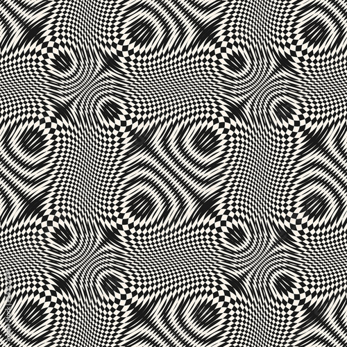 Psychedelic vector seamless pattern with optical illusion effect. Simple abstract background, distorted checkered grid. Op art. Warp surface. Retro vintage style. Blue and white trippy repeat design