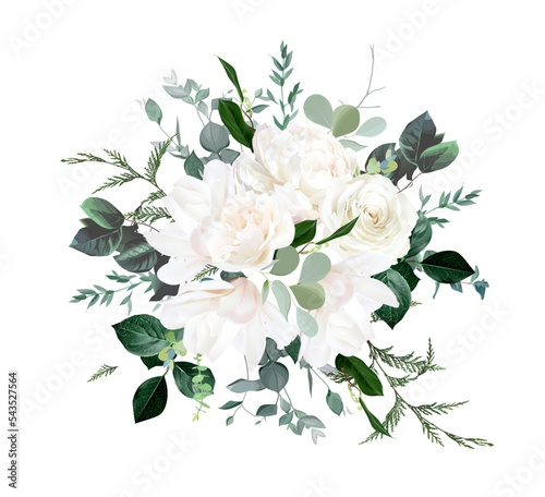 Fototapeta Naklejka Na Ścianę i Meble -  Ivory roses, white peony and magnolia, cedar, fern, eucalyptus vector design bouquet