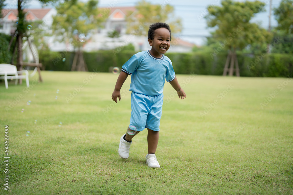 A cute little boy playing with soap bubbles in the park on a clear day. A cute little boy playing with soap bubbles in the park on a clear day.