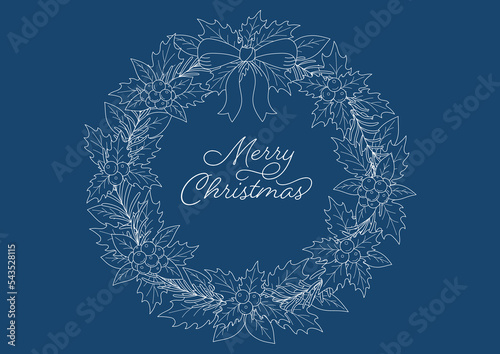 クリスマスリースの線画イラスト, デザインフレーム, クリスマスの装飾, ネイビーの背景に白色の線画.