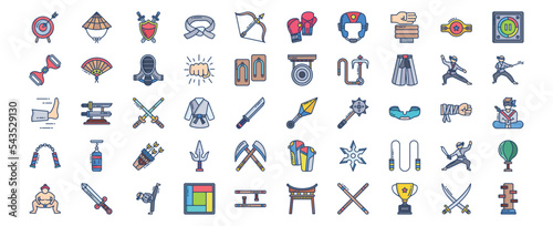 Collection of icons related to Martial arts and karate, including icons like Judo, Ninja, Sumo, Kick and more. vector illustrations, Pixel Perfect set