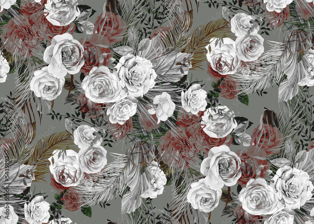 Seamless black and white pattern with a Bouquet of roses and tropical dried flowers for textile
