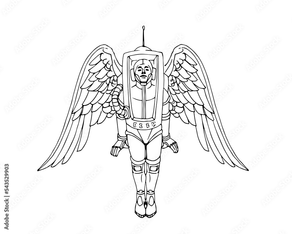 A Soviet cosmonaut flying on wings. Rocket man. Vector illustration