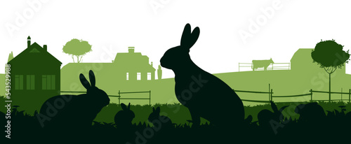 Rabbits are grazing. Picture silhouette. Rural landscape with farmers house. Farm pets. Fur animals. Isolated on white background. Vector