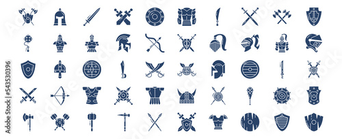 Collection of icons related to Medieval and kingdoms, including icons like Barbute, Armor, Roman Helm, War and more. vector illustrations, Pixel Perfect set