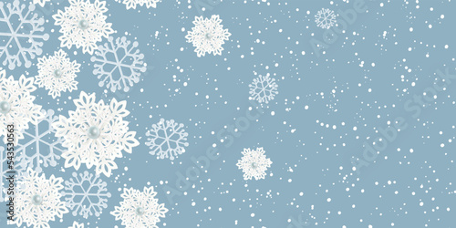 Beautiful seamless pattern with 3d paper white volumetric snowflakes on gray. Winter season symbol great for New year or Christmas party posters, headers, seasonal wallpaper, winter background. Vector