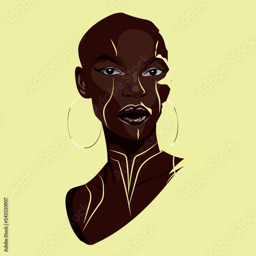 African woman's face in contrast light.Merge with gold Vector. Illustration