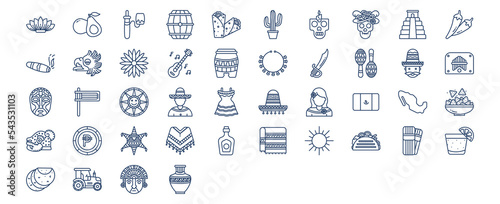 
Collection of icons related to Mexico national and culture, including icons like Agave, Avocado, Barrel, Burrito and more. vector illustrations, Pixel Perfect set

