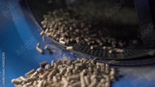 Wood fuel pellets fall on cells of delivering conveyor belt Close-up side view photo