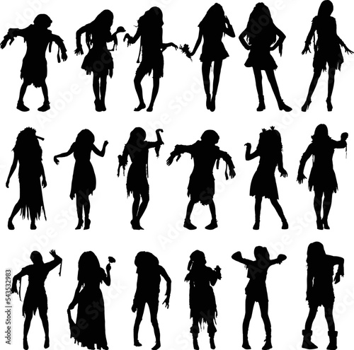 Pack of walking-dead female silhouette zombies on the white background