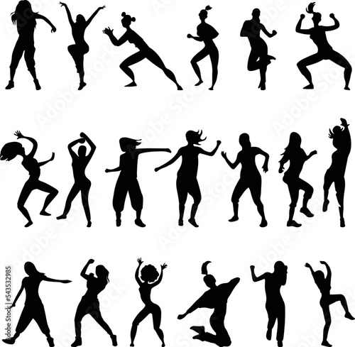 Pack of singers and dancers silhouettes on the white background