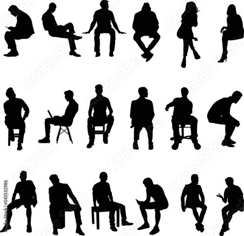 Pack of sitting male and female silhouettes on the white background