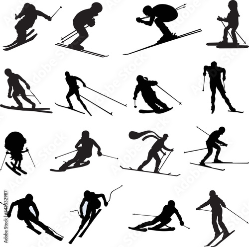 Pack of people doing winter extreme sport, snowboarding, skiing on the white background