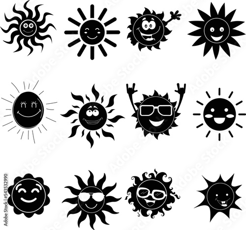 Pack of smiling sun silhouettes on the white background