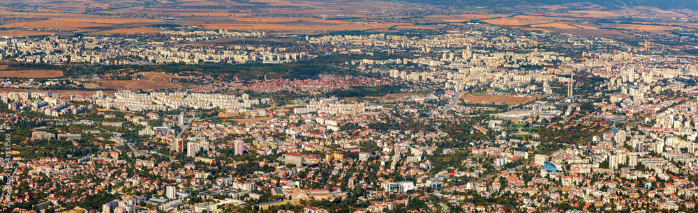 Stunning aerial view of the city Sofia, the capital of Bulgaria.. Panoramic view Stunning aerial view of the city Sofia, the capital of Bulgaria.. Panoramic view
