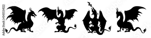 Silhouette black dragons with wings.