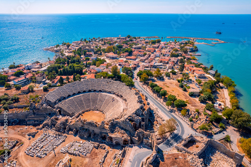 Antique amphitheater of ancient Side city Antalya Turkey drone photo, aerial top view photo