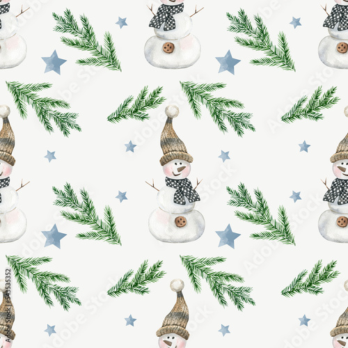 Wallpaper Mural Christmas seamless pattern with snowman and fir twigs on bright background Torontodigital.ca