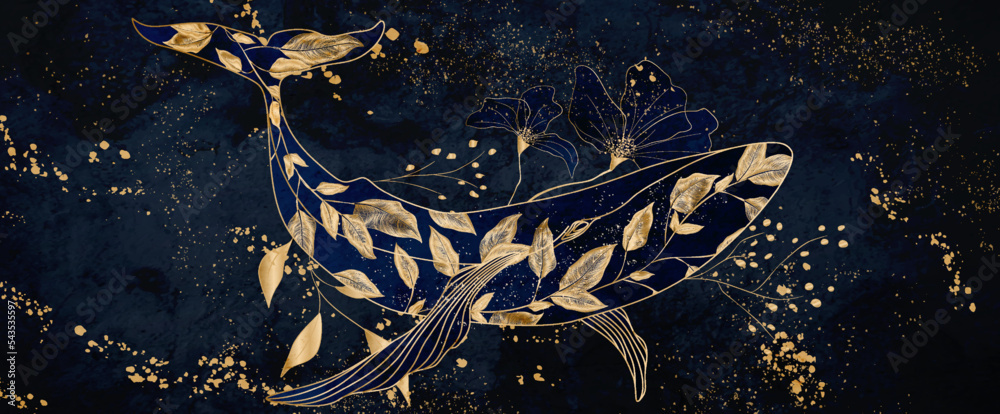 Abstract luxury dark blue art background with whale and leaves pattern ...