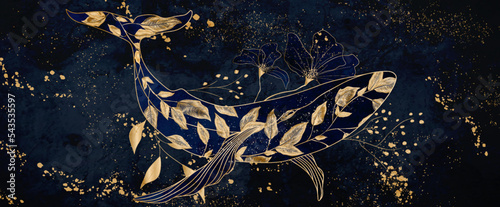 Abstract luxury dark blue art background with whale and leaves pattern in gold line style. Banner with hand drawn floral and animal pattern for wallpaper design, print, textile, decor, packaging