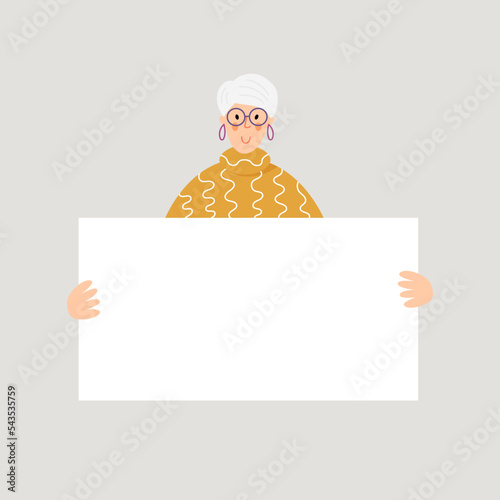 Vector flat illustration with elderly woman holding empty white paper sheet. Flat modern character isolated on background.
