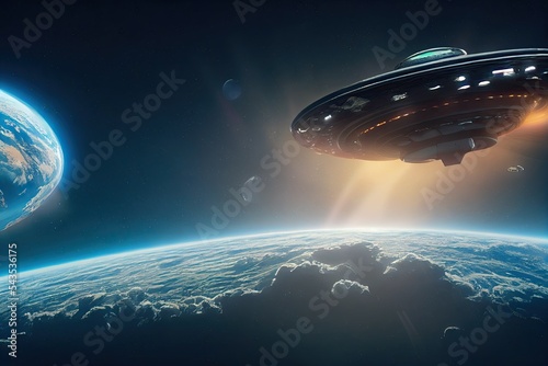 A flying saucer is soaring through space. It is unidentified flying object, high up in the planet Earth sky. It is a vision of an alien invasion and extraterrestrial life. 3D rendering.