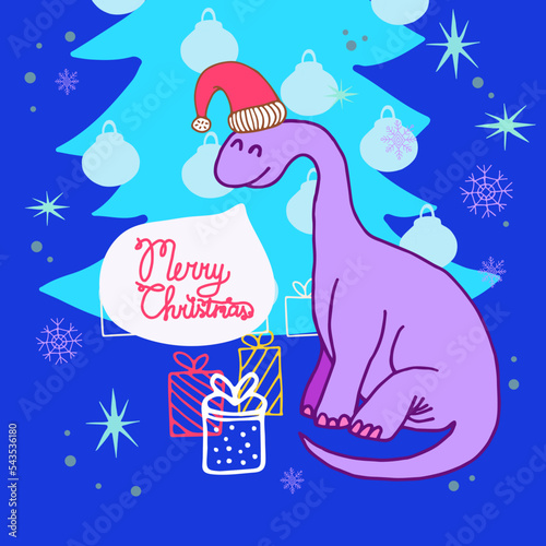 Fun childish Christmas card with a dinosaur in a Santa hat sitting under the Christmas tree with presents. Speech bubble saying 'Merry Christmas.' Hand drawn vector illustration. photo