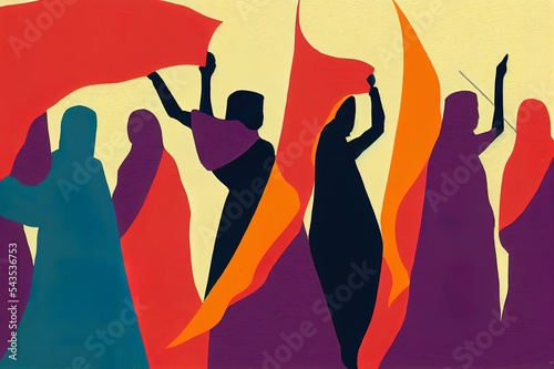 Iranian women protesting after the death of Mahsa Amini. Protests and fires, burning headscarves for equal rights of women in Iran. Female protests for feminism in a digital watercolour artwork. photo