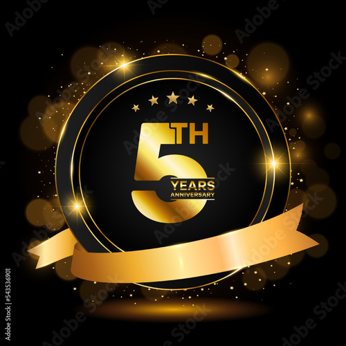 Anniversary celebration template design. Golden number 5 with sparkling confetti and ribbon, Vector illustration EPS10