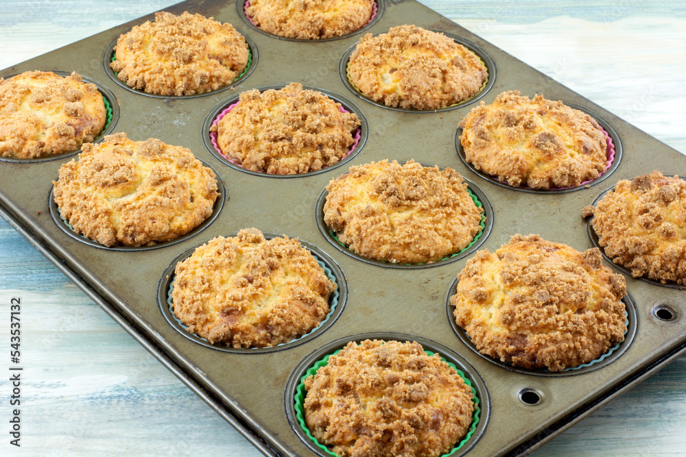 Dozen Baked breakfast cinnamon muffins with crumble topping in muffin pan Dozen Baked breakfast cinnamon muffins with crumble topping in muffin pan